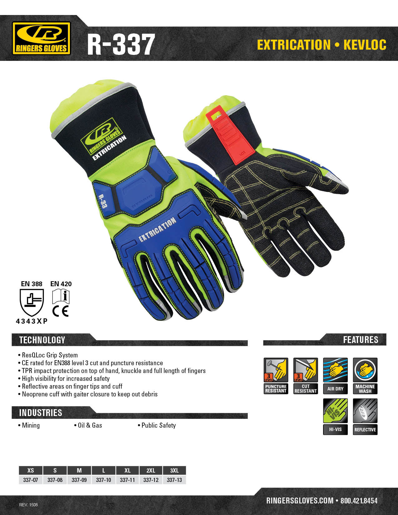 Ringers Gloves 355 Rope Rescue Reflective Foam Padded Gloves Size S-3XL 