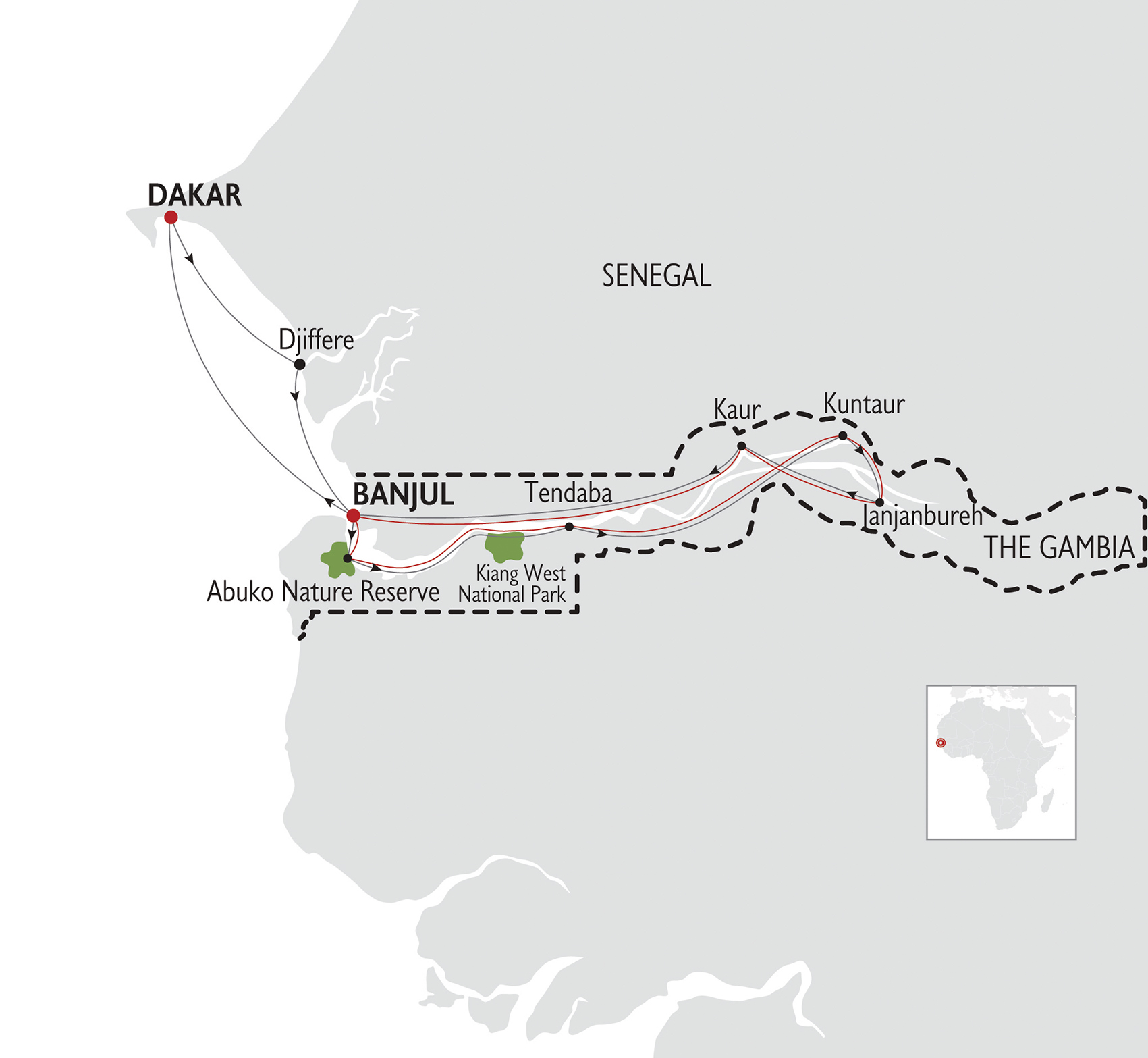 Senegal and Gambia Yacht Cruise Map