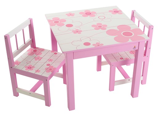 שולחן וכסאות לילדים מצוייר- פרחים ורוד קוקולה