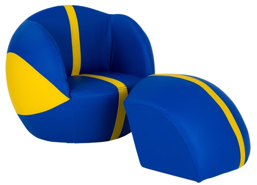 ספה בצורת כדורסל לילדים צבע צהוב כחול מזכיר את צבעי מכבי תל אביב כדורסל