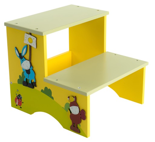 דרגש / שרפרף עץ לילדים מעץ, צבע צהוב עם דמות פרה, מושלם לעיצוב חדר ילדים