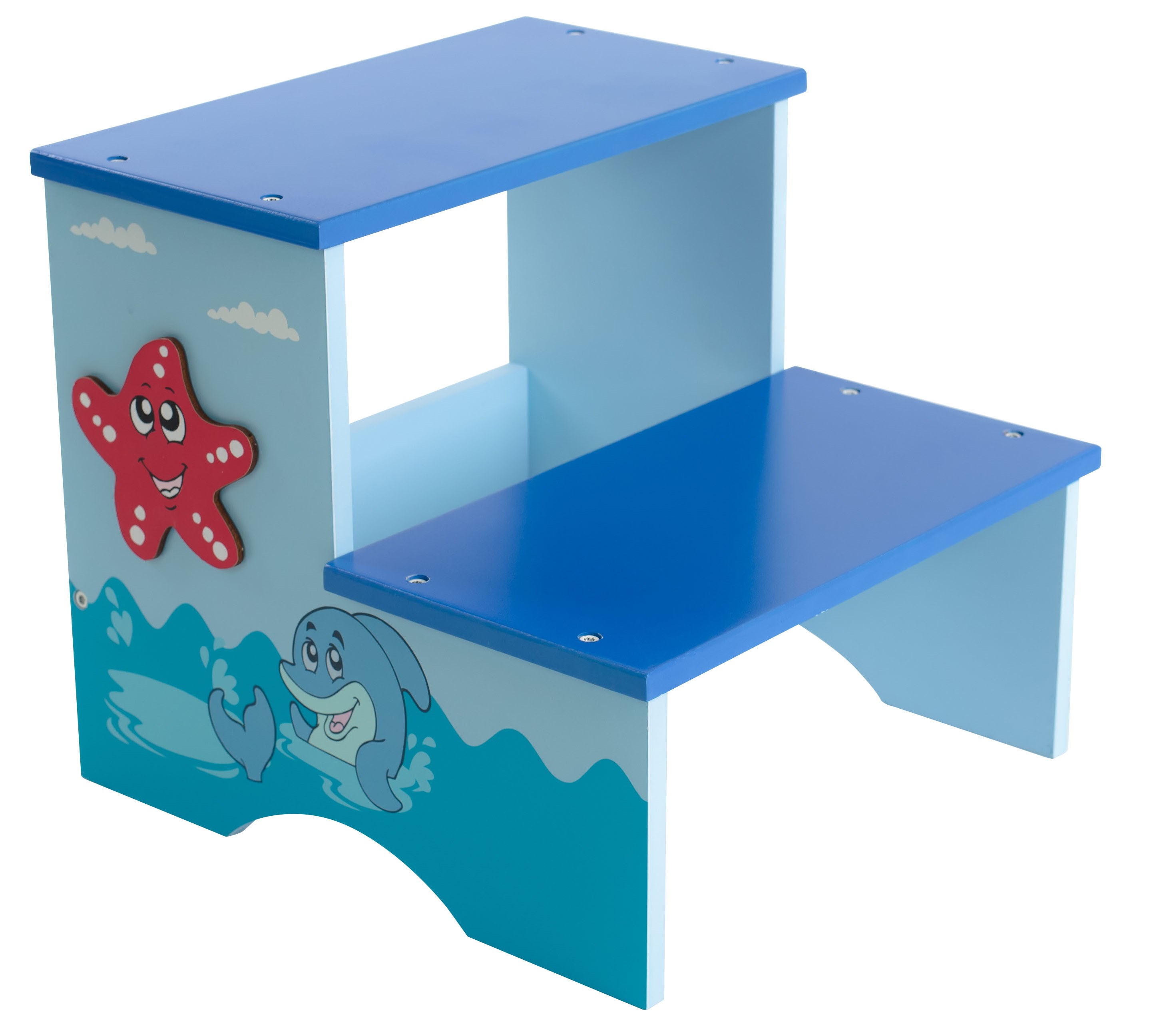 דרגש / שרפרף עץ לילדים מעץ, צבע כחול עם דמות כוכב ים, מושלם לעיצוב חדר ילדים