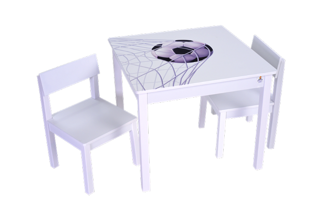שולחן ילדים עם ציור של כדורגל, כולל שני כסאות.צבע לבן. מושלם עבור הילד.סט 