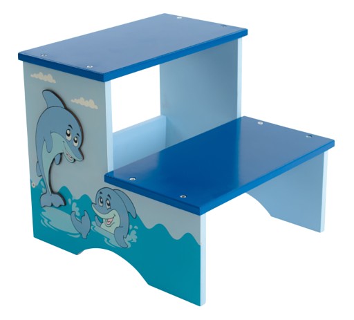 דרגש / שרפרף עץ לילדים מעץ, צבע כחול עם דמות דולפין, מושלם לעיצוב חדר ילדים