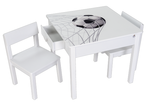 סט שולחן ילדים עם ציור של כדורגל, כולל שתי מגירות אחסון בשולחן, ושני כסאות. צבע לבן. מושלם עבור הילד.