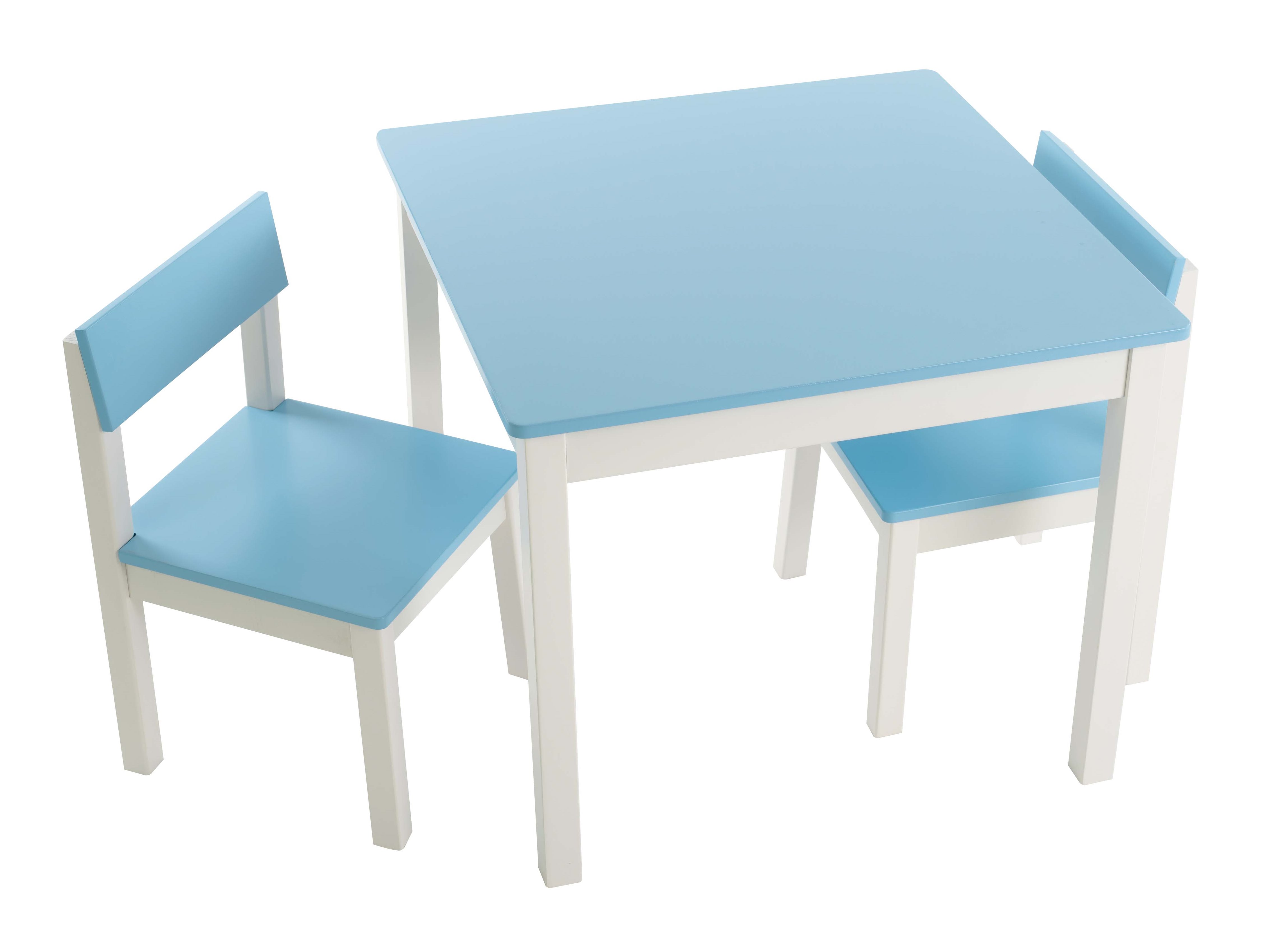 שולחן וכסאות לילדים - דגם חלק – צבע תכלת -  קוקולה.   6 צבעים לבחירה: שמנת, לבן, ורוד, לילך, פיסטוק, תכלת. מחיר הסט כולל שולחן ושני כסאות. ניתן להוסיף פלטת פרספקס להגנה על פלטת השולחן בעלות של 69 ש
