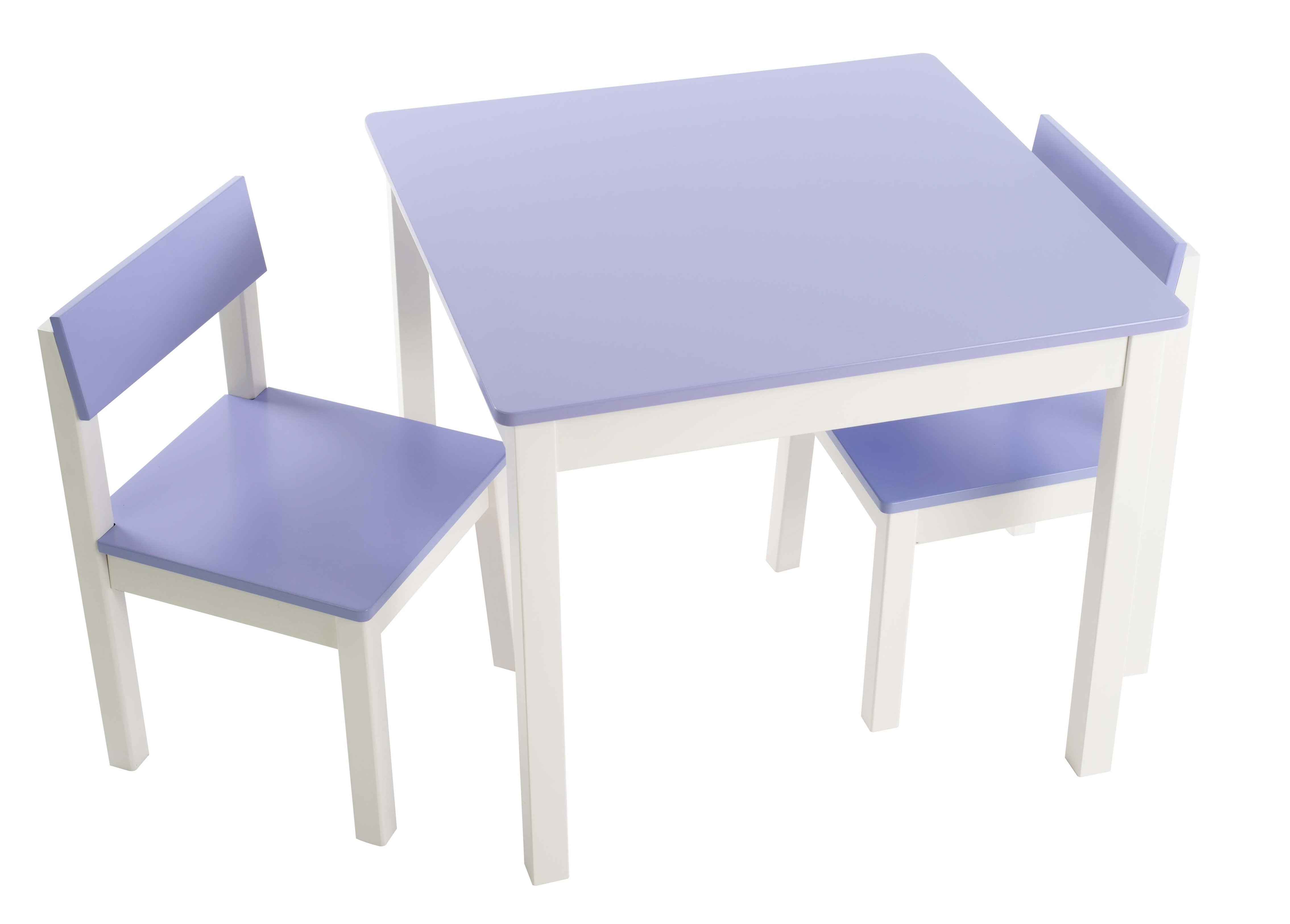 שולחן וכסאות לילדים - דגם חלק – צבע לילך -  קוקולה.   6 צבעים לבחירה: שמנת, לבן, ורוד, לילך, פיסטוק, תכלת. מחיר הסט כולל שולחן ושני כסאות. ניתן להוסיף פלטת פרספקס להגנה על פלטת השולחן בעלות של 69 ש